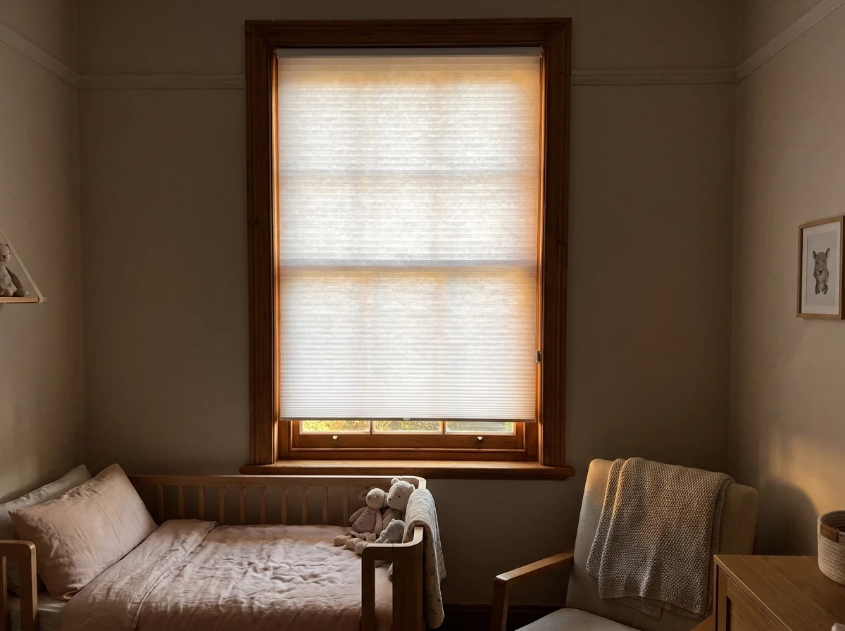 Cellular honeycomb blind on a nursery window in a Kenilworth Upper family home
