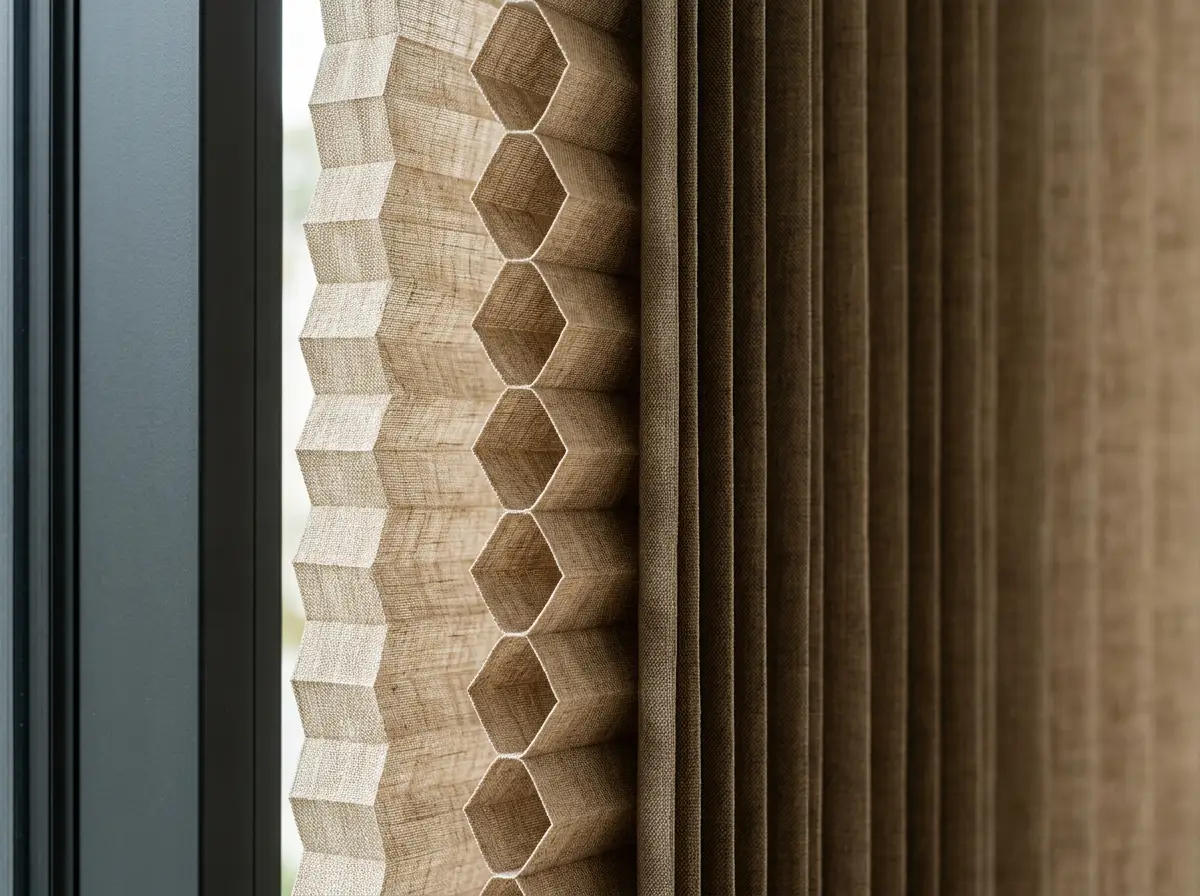 Close-up of blind fabric texture and headrail hardware, specified for a Kenilworth Upper home