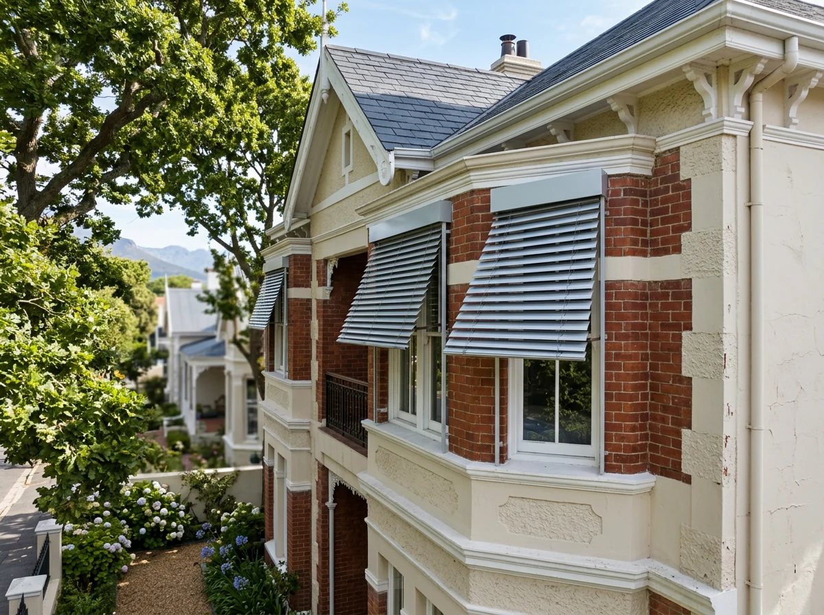 External aluminium venetian blinds on the upper-storey windows of a Kenilworth Upper Victorian villa facade