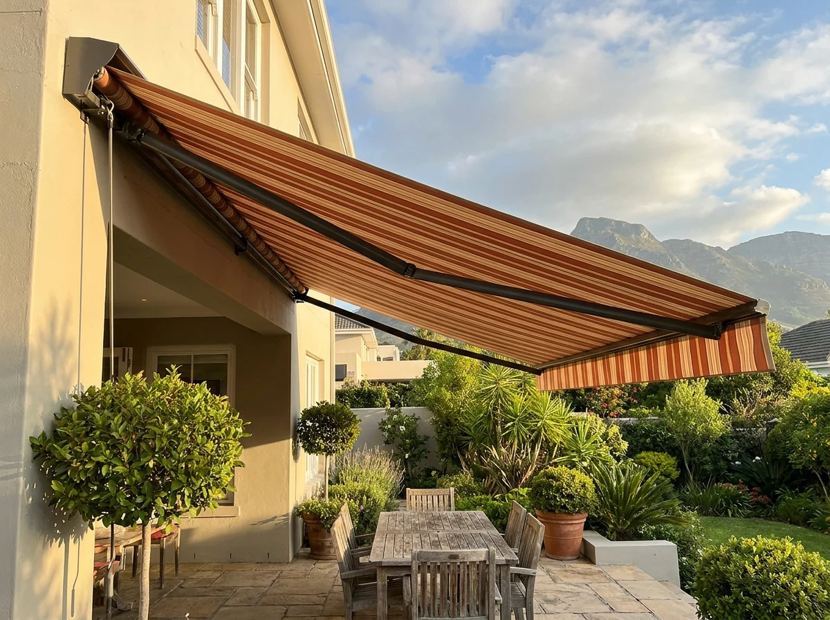 Folding-arm awning extended over a back patio in a Kenilworth Upper family home