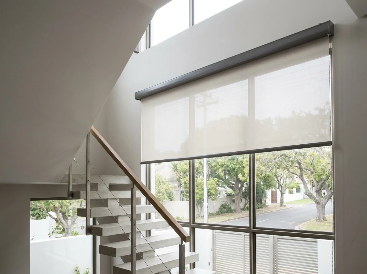Motorised roller blind on an automated headrail above a double-volume stairwell in a Kenilworth Upper home