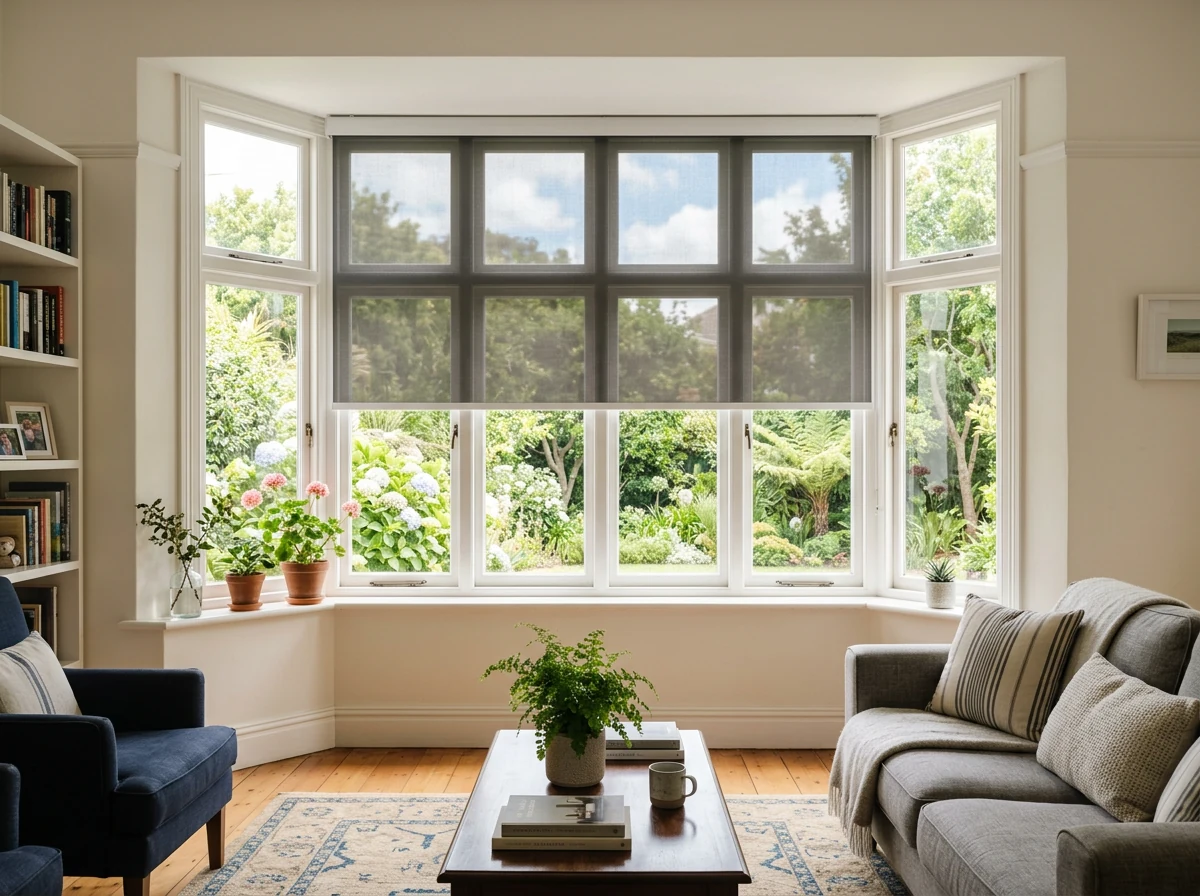 Sunscreen roller blind on a bay window in a Kenilworth Upper family living room