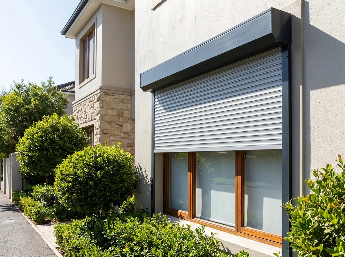 Aluminium roller shutter partially lowered on the exterior of a Kenilworth Upper family home for sun control