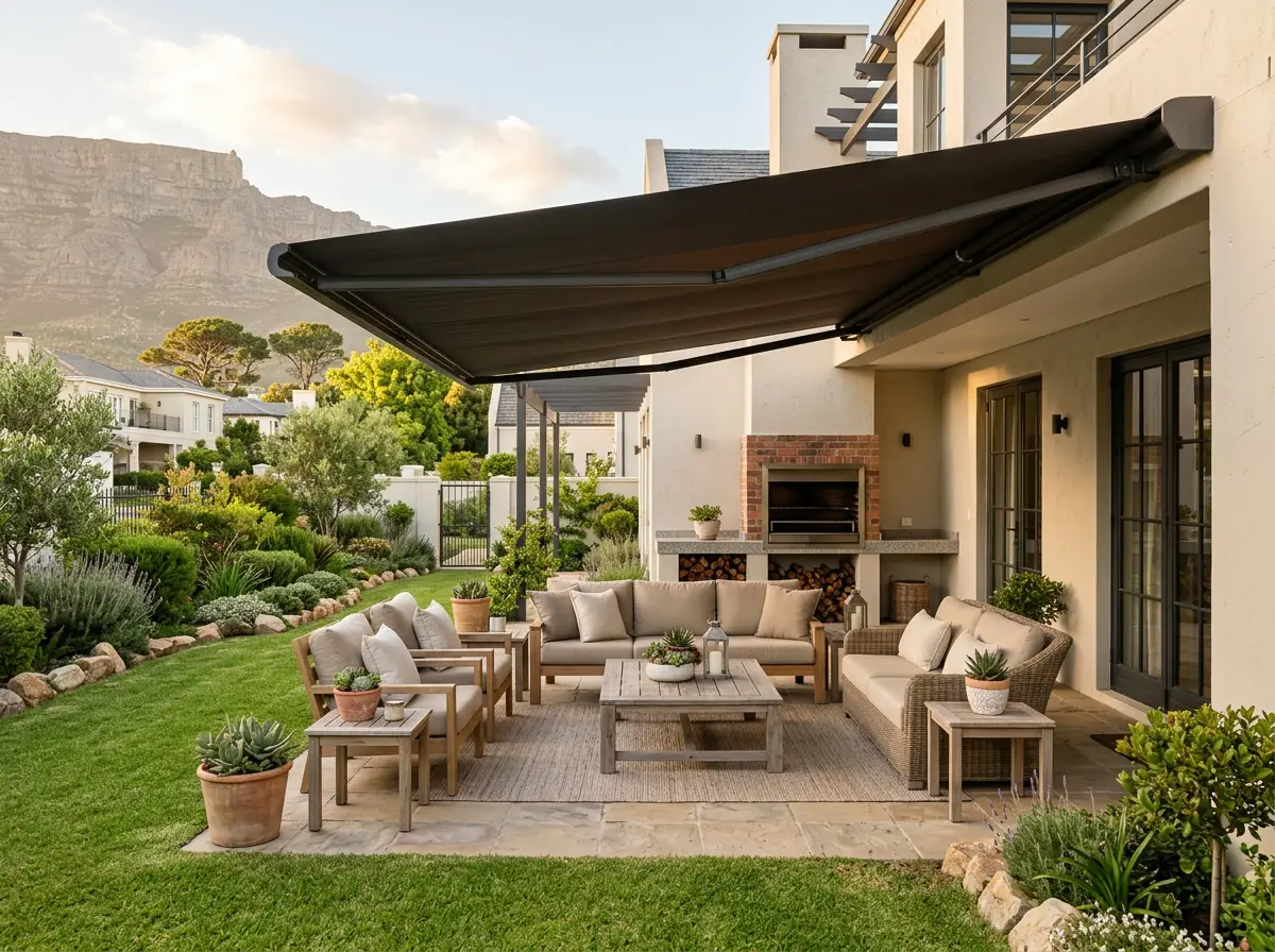 Folding-arm awning extended over a Kenilworth Upper entertaining patio and built-in braai, mountain behind