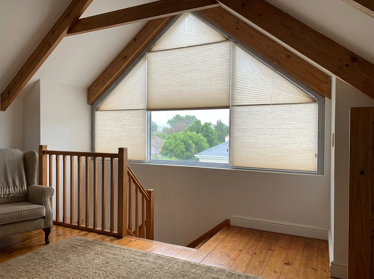 Shaped pleated blind fitted to a gable skylight window on a Kenilworth Upper Victorian roof conversion