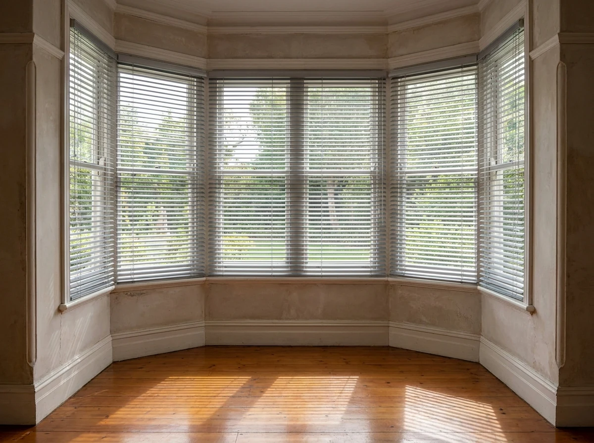Aluminium venetian blind tilted open in a Kenilworth Upper Victorian bay-window alcove