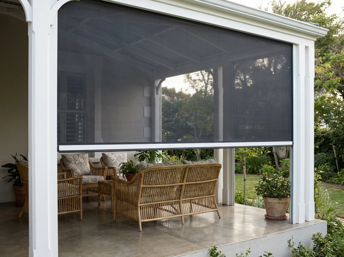 Zip-track screen blind enclosing a Victorian veranda in Kenilworth Upper